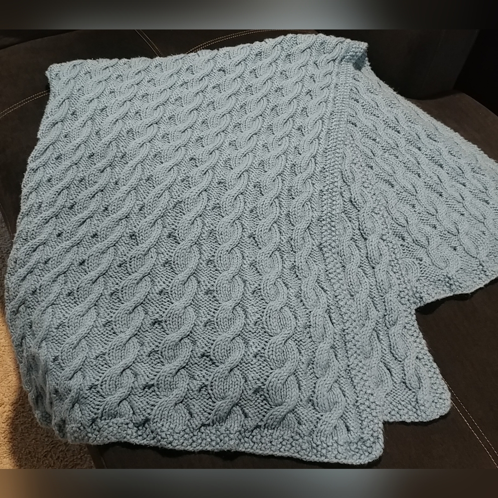 Vintage Hand Knit Blanket Crochet Cable Knit Blanket Large 61"×57" Blue Handmade